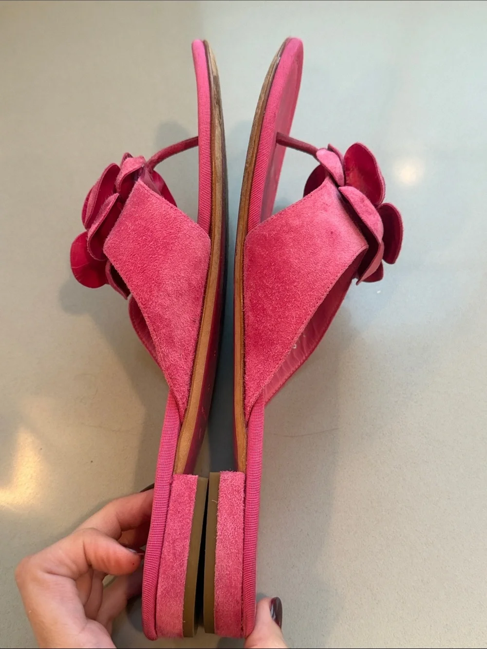 CHANEL Pink Fuchsia Suede Camellia Coco Mark Thong Sandals Size 41c